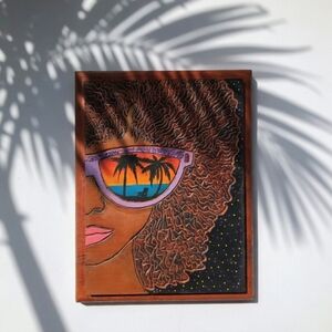 African Folk Art, Tropical Neon Carved Black Woman Wearing Sunglasses Wall Art